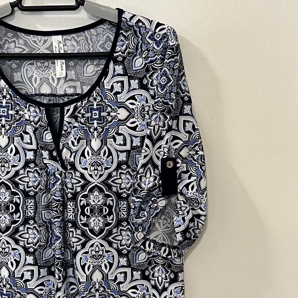 PerSeption Womens Blue Floral Print Tunic Top Blouse Size Medium Roll Tab Sleeve - Picture 5 of 10